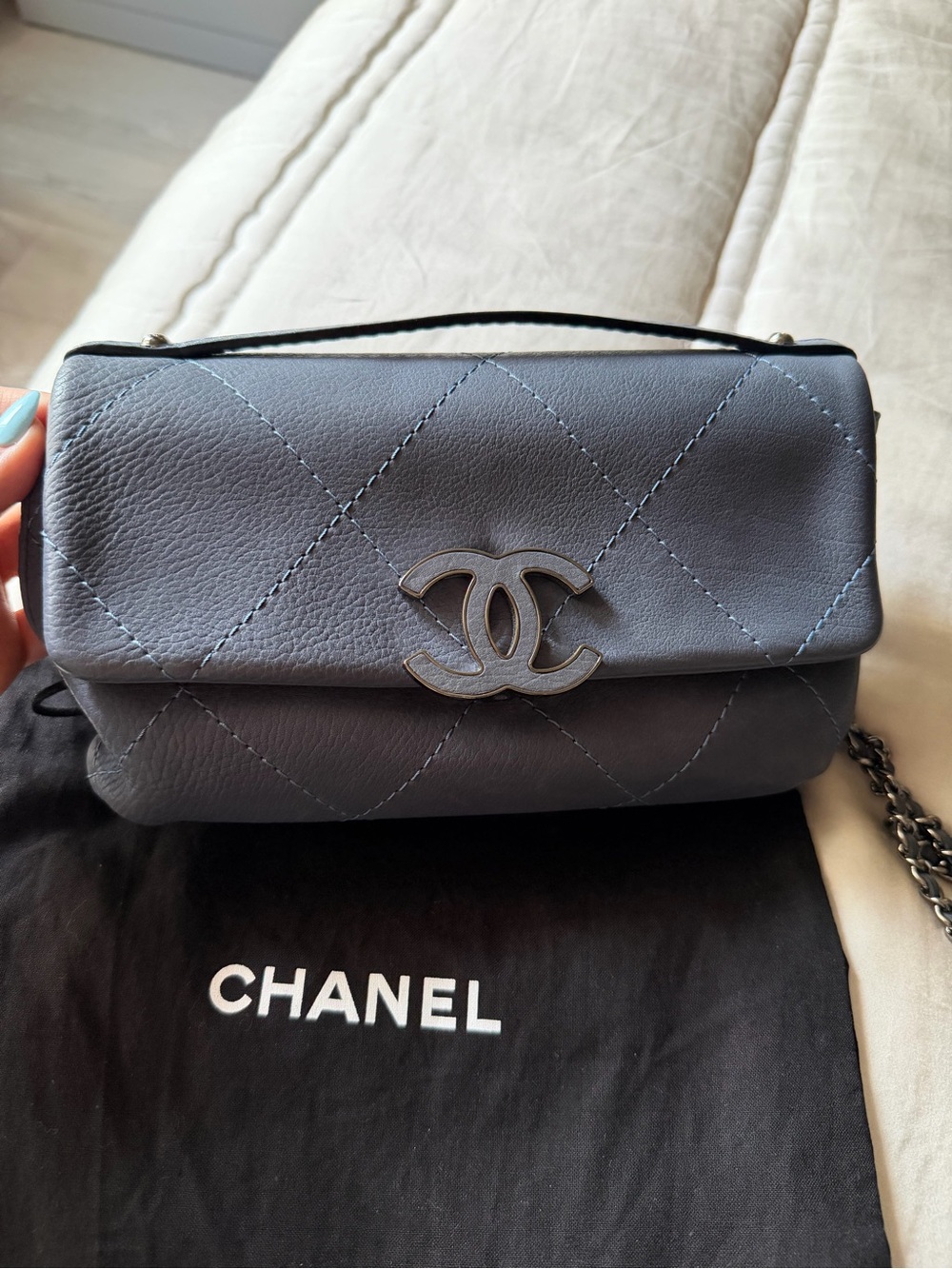 CHANEL Quilted Crossbody Bag in Slate Blue Gray
